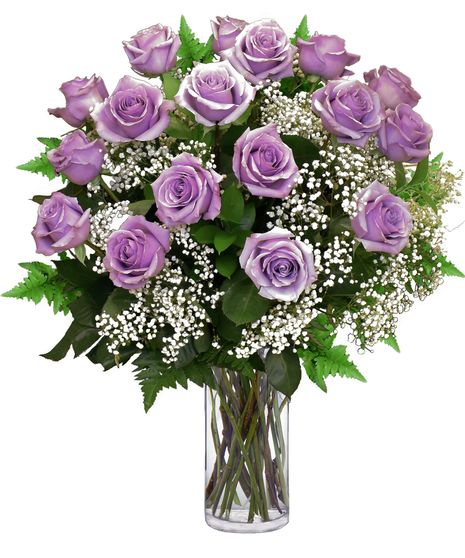 purple roses and babys breath in a clear glass vase