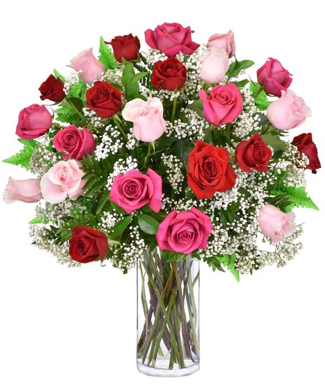 Pink and red roses with baby's breath in a glass vase