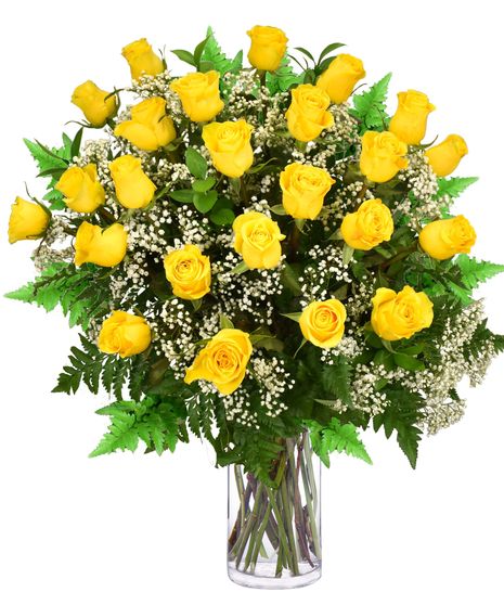 Long stem Yellow Roses and Baby's Breath in a clear glass vase.