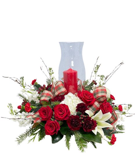 carnation, roses, christmas greens, pine cones, cinnamon, plaid ribbon, wicker basket