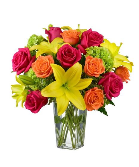 pink roses, yellow lilies, orange spray roses and green hydrangea