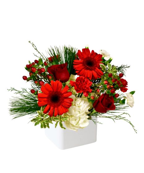 carnation, roses, christmas greens, pine cones, cinnamon, plaid ribbon, wicker basket