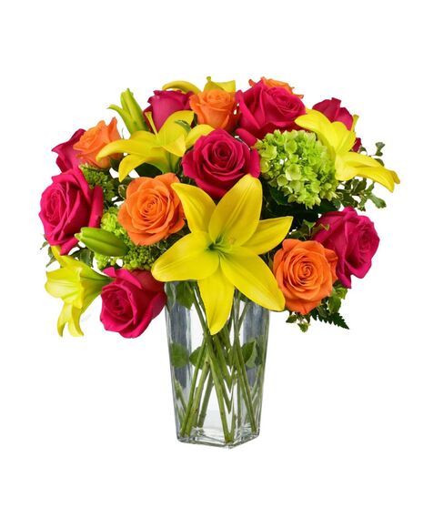 pink roses, yellow lilies, orange spray roses and green hydrangea