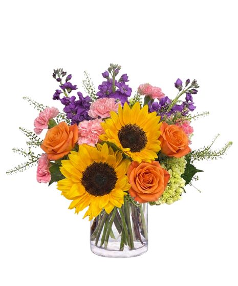 Brightly colored hydrangeas, roses and sunflowers.
