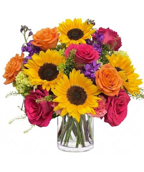 Brightly colored hydrangeas, roses and sunflowers.